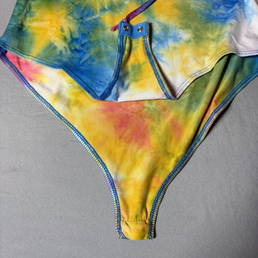 LA Gypsy Womens Tie Dye Lace Up Front Bodysuit Blue Yellow Pink Size Medium - Picture 7 of 7